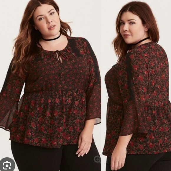 Torrid Chiffon Lace Inset Blouse Bohemian Tie Front Floral Red Black Plus SZ 3X - Picture 1 of 12